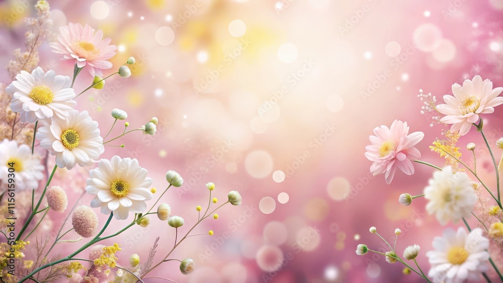 Soft pastel pink floral allover background with delicate white and yellow flowers in a whimsical garden scene Soft pastel pink floral allover background with delicate white and yellow flowers in a whimsical garden scene