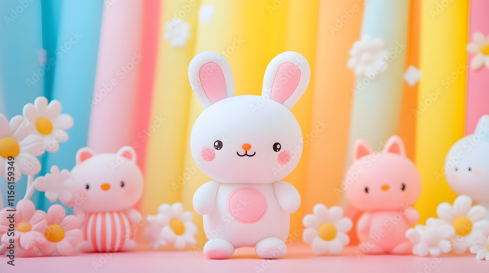 Adorable White Bunny with Pink Accents Among Pastel Flowers and Cats Adorable White Bunny with Pink Accents Among Pastel Flowers and Cats