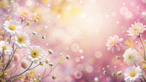 Soft pastel pink floral allover background with delicate white and yellow flowers in a whimsical garden scene