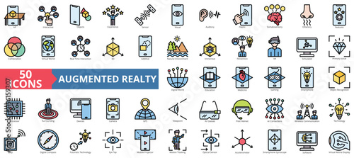 Augmented realty icon collection set. Containing ar, interactive, objects, experience, sensor, visual, auditory icon. Simple flat outline vector illustration