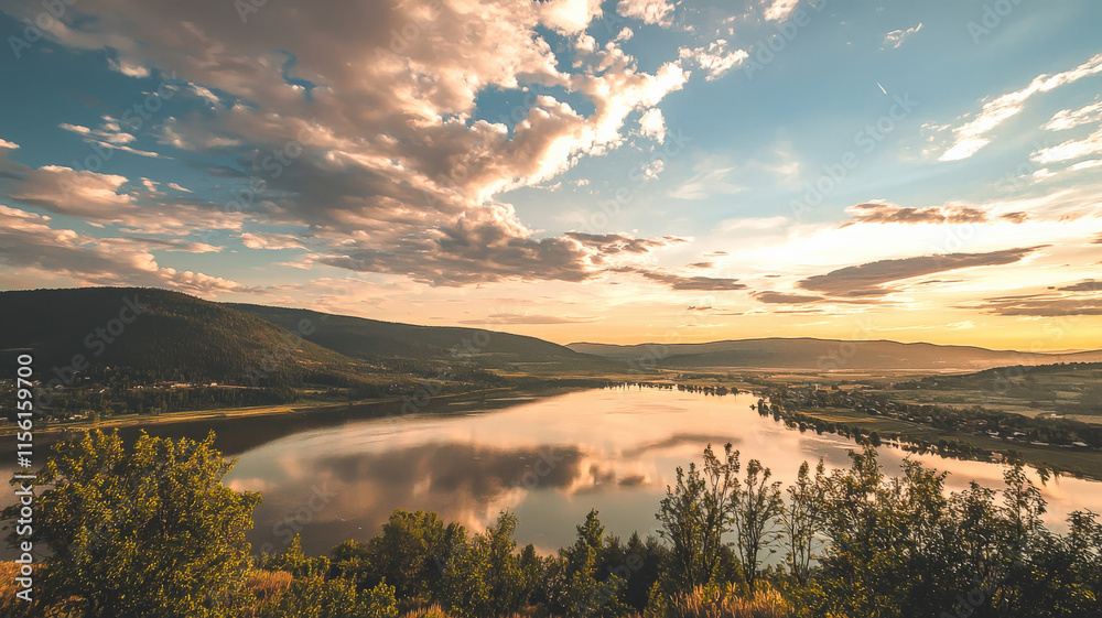 Obraz premium A calm sky with scattered clouds reflecting golden light during the golden hour, casting soft shadows over the landscape, creating a serene and tranquil atmosphere perfect for nature photography.