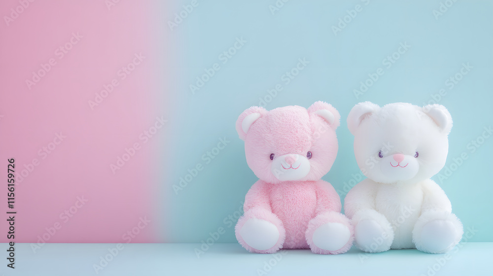 Obraz premium Two Plush Teddy Bears Sitting Against Pastel Background