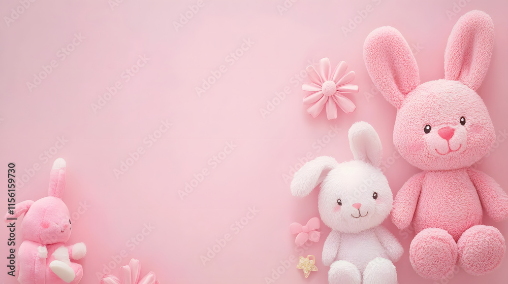 Pink Bunny Toys and Decorations on Pink Background Pink Bunny Toys and Decorations on Pink Background