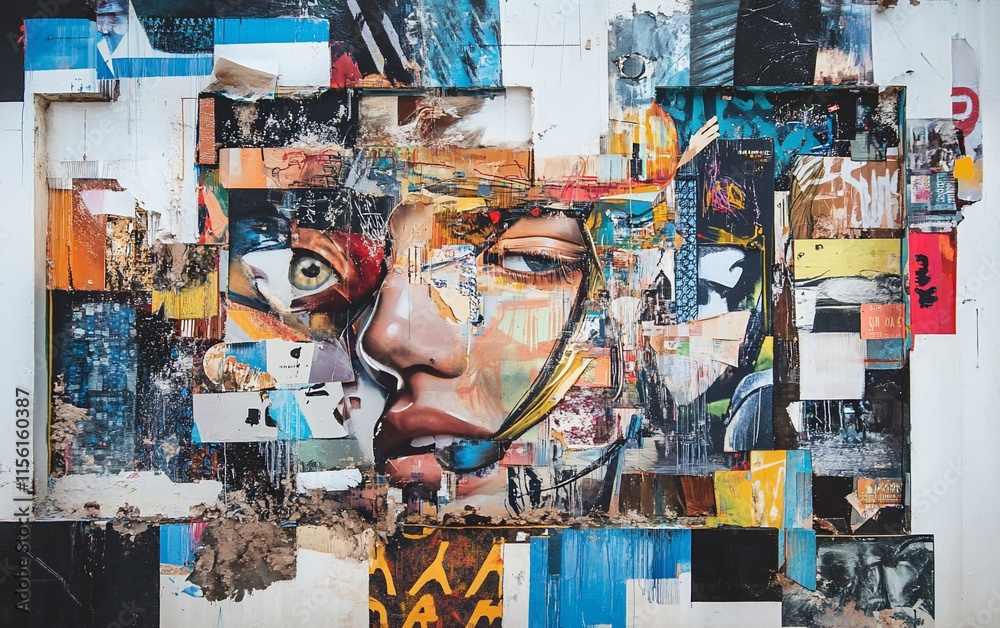 Fototapeta premium Collage artwork featuring a woman's face, created from various textures and colors of paper and paint.
