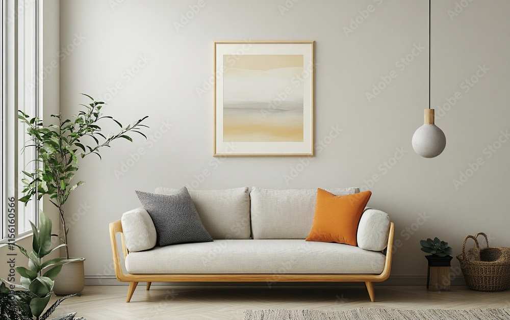 Fototapeta premium Minimalist living room interior with light beige sofa, artwork, plants, and pendant lamp.