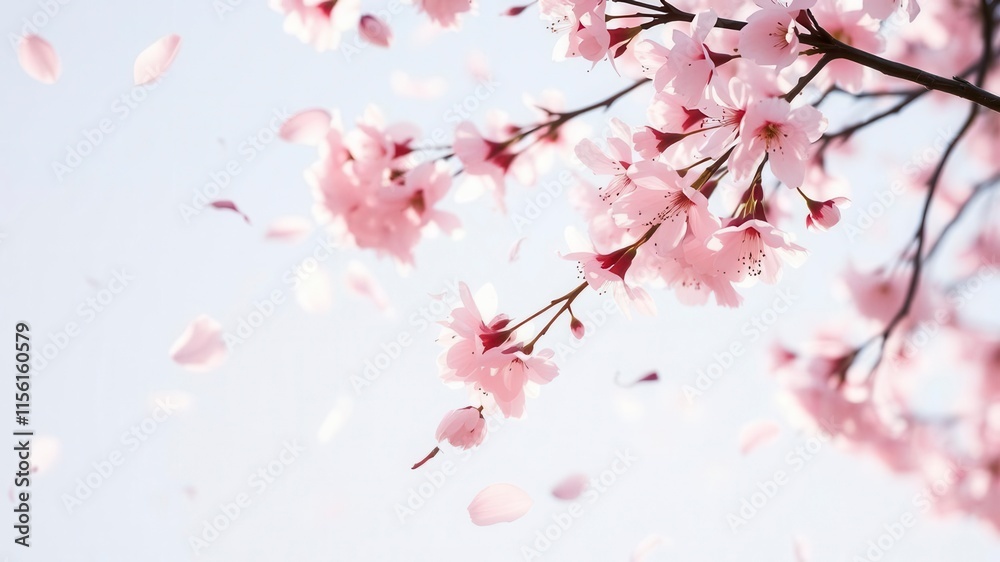 Pink sakura petals gently falling against soft blurred background, creating a romantic and tranquil atmosphere, pink, beauty Pink sakura petals gently falling against soft blurred background, creating a romantic and tranquil atmosphere, pink, beauty