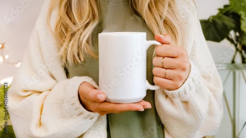 Woman Holding a 15 oz Mug photo