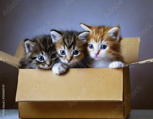 Three Little Kittes in a Cardboard Box AI photo