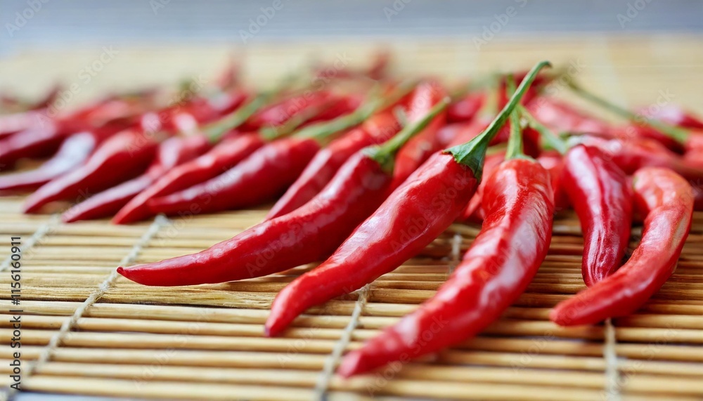 Bright Red Chili Peppers Laid Out to Dry on a Large Bamboo Mat Bright Red Chili Peppers Laid Out to Dry on a Large Bamboo Mat