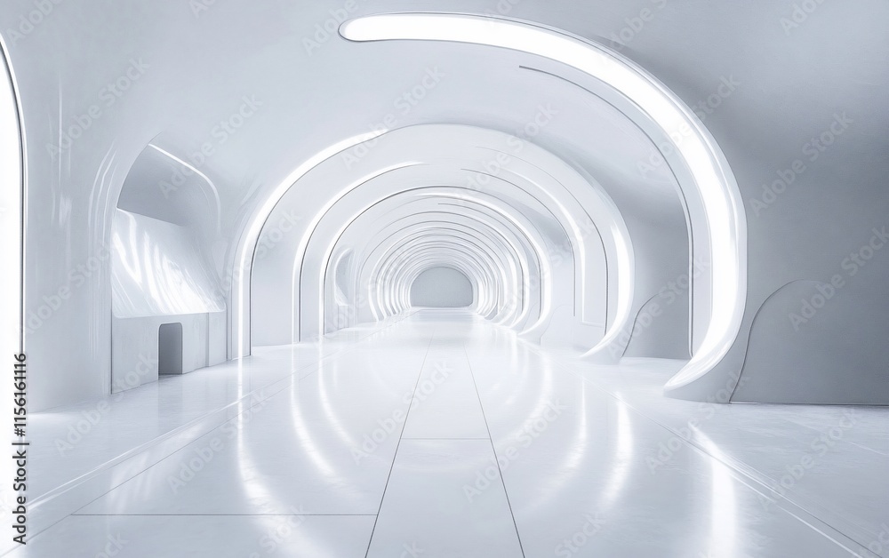 Futuristic white corridor with glowing arches and reflective floor. Futuristic white corridor with glowing arches and reflective floor.