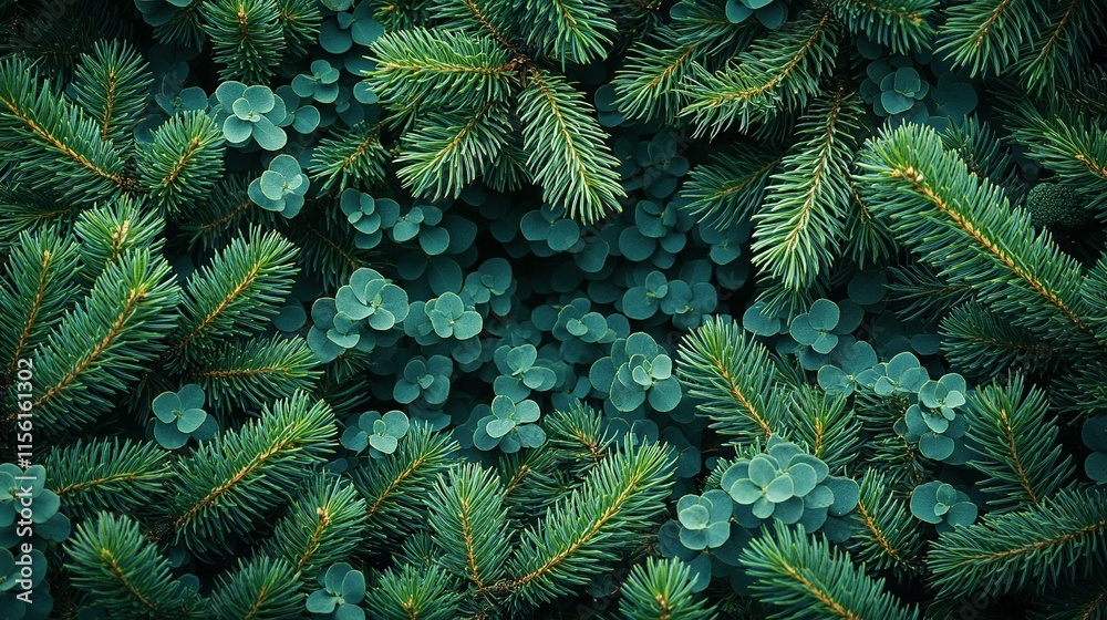 Lush Green Pine Branches and Round Leaves Background Lush Green Pine Branches and Round Leaves Background