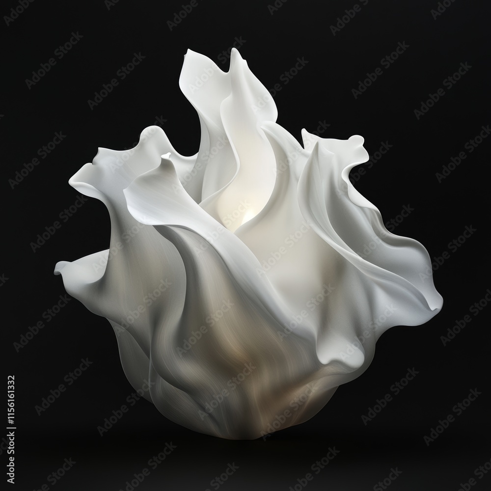 Abstract white sculptural form resembling a flower or flame with soft, flowing textures, illuminated from within against a black background. Abstract white sculptural form resembling a flower or flame with soft, flowing textures, illuminated from within against a black background.