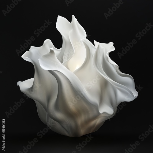 Abstract white sculptural form resembling a flower or flame with soft, flowing textures, illuminated from within against a black background.