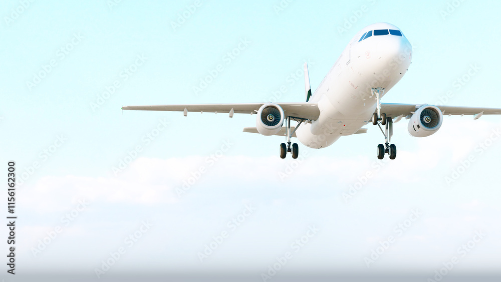 Obraz premium ULTRA HD. Airplane flies in blue sky. Travel, tourism. Airplane takes off against the background of blue sky. 