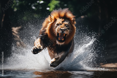 A vibrant, action-packed image capturing a powerful lion mid-pounce, splashing through water with energy, showcasing the strength and majesty of wildlife in nature. photo