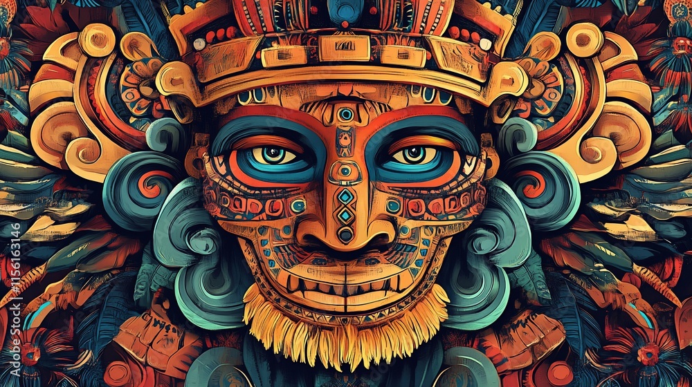 Obraz premium Colorful ornate Mayan-style mask detailed digital artwork.