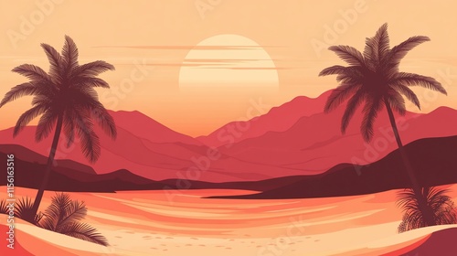 Sunset over a beach with palm trees and mountains.