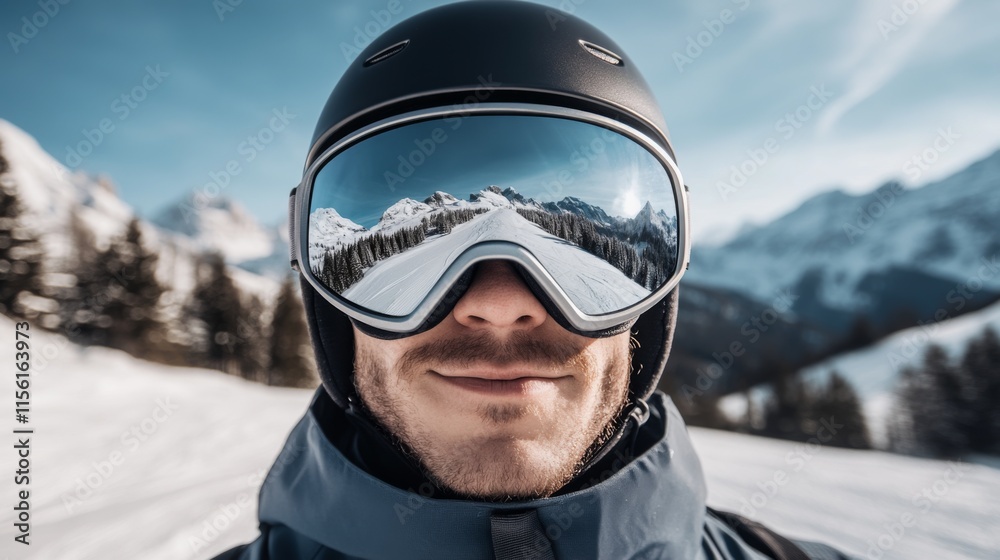 A skier wearing a helmet enjoys the snowy landscape, reflecting the majestic mountain range in their goggles, showcasing the serene beauty of winter sports. A skier wearing a helmet enjoys the snowy landscape, reflecting the majestic mountain range in their goggles, showcasing the serene beauty of winter sports.