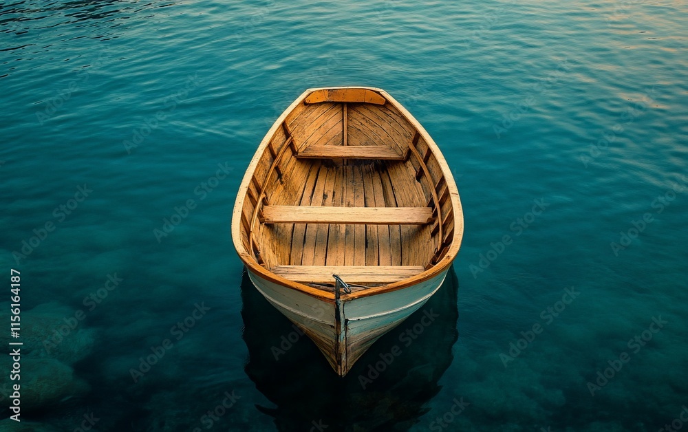 Obraz premium A small wooden rowboat floats serenely on calm, teal water.