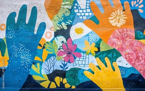Colorful mural depicting hands and floral patterns on a wall.