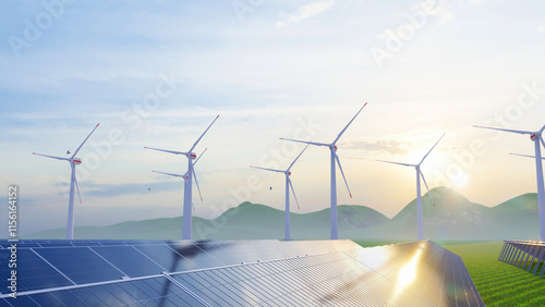 ULTRA HD. Solar power plant and windmills turbine. Renewable energy, green tech. Green energy, renewable energy concept. Windmill farm.