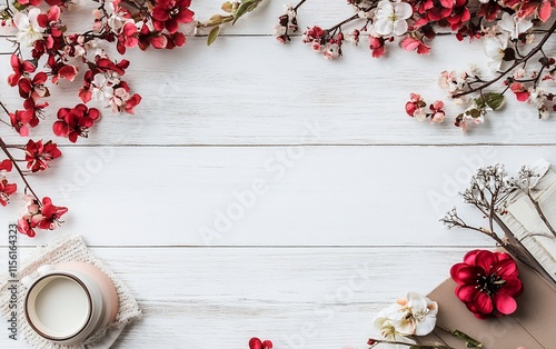 Flat lay of pink and red blossoms framing a white wooden background with copy space.
