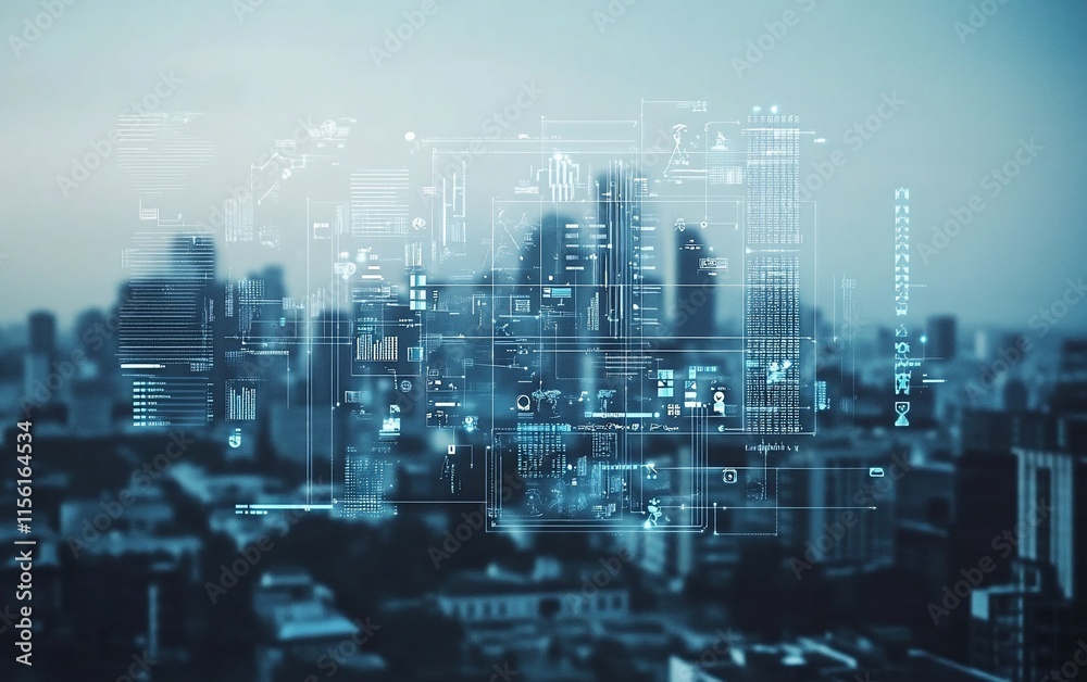 Obraz premium Futuristic city skyline with digital overlay showing data and graphs.