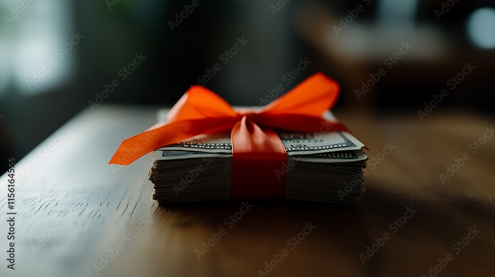 A Stack of Hundred Dollar Bills Tied with an Orange Ribbon, a Gift of Wealth A Stack of Hundred Dollar Bills Tied with an Orange Ribbon, a Gift of Wealth