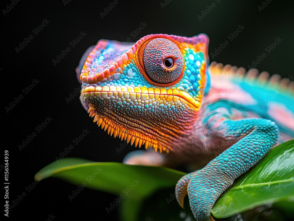 Obraz premium A stunning close-up of a chameleon resting on a leaf, showcasing its vibrant colors and intricate textures, symbolizing adaptability and the beauty of nature's diversity.