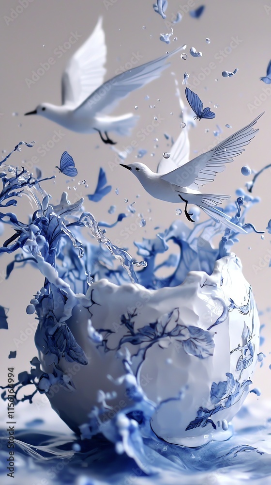 Fototapeta premium Magical travel diary with painted waves splashing real water