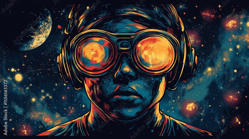 A stylized portrait of a person wearing goggles reflecting a cosmic scene, set against a vibrant nebula backdrop.