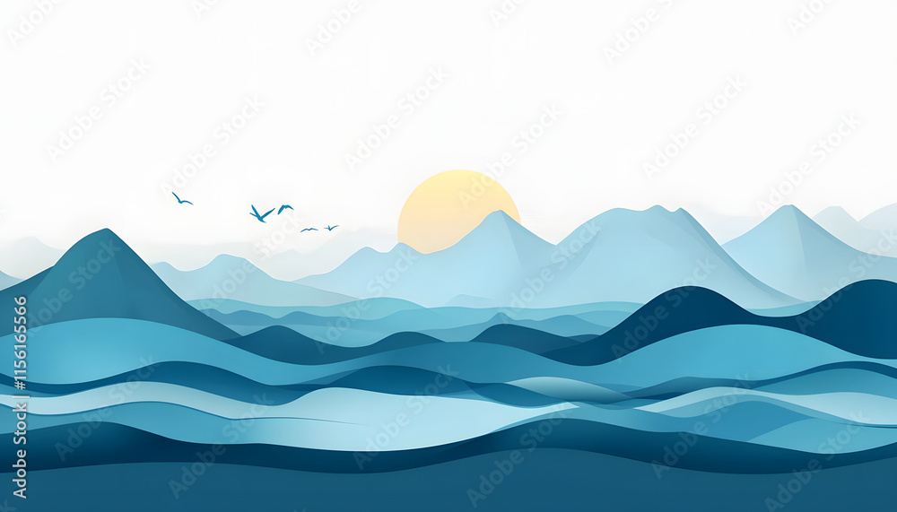 Serene Blue Mountainscape Sunrise Birds Flying High Serene Blue Mountainscape Sunrise Birds Flying High