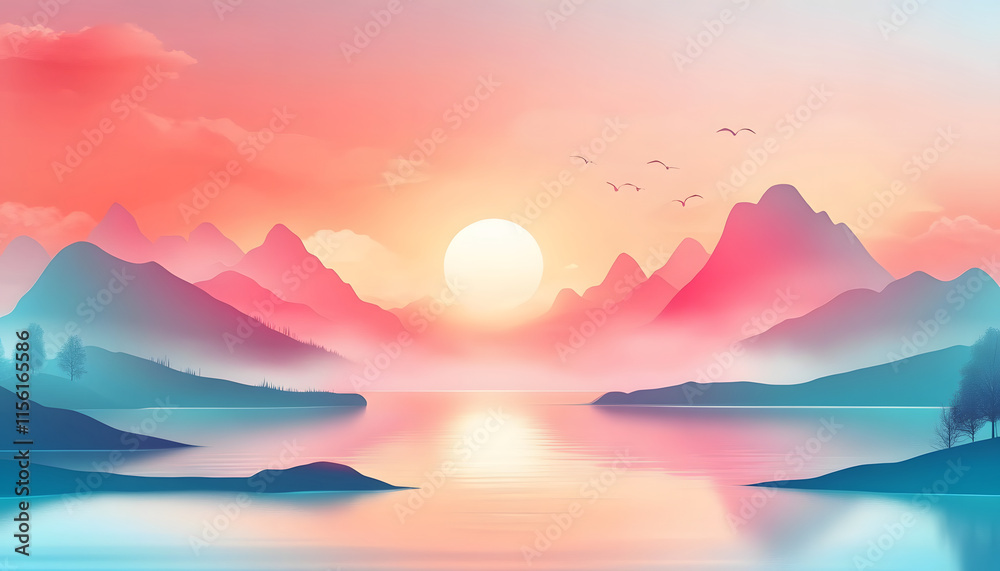 Serene Sunset Over Calm Lake And Misty Mountains Serene Sunset Over Calm Lake And Misty Mountains