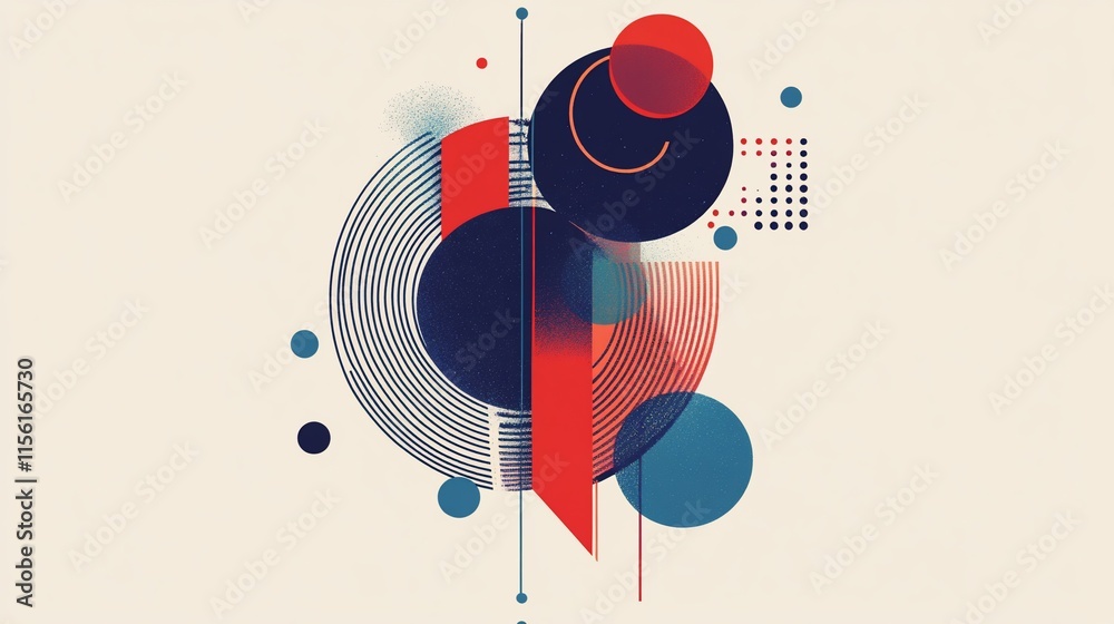 Obraz premium Abstract geometric composition with circles, lines, and shapes in red, blue, and black on a beige background.