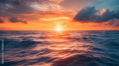 Vibrant orange sunset over the ocean, with colorful clouds and a blue sky