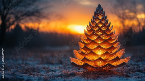 Illuminated Wooden Sculpture Resembles Pine Cone At Sunset