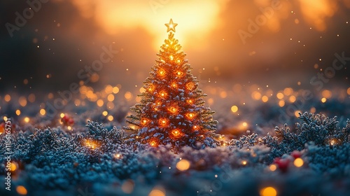 Illuminated Christmas Tree in Snowy Winter Landscape