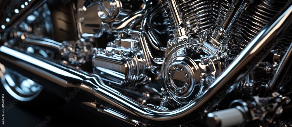 A sleek modern stock motorbike engine, metallic chrome finish, exposed gears and pipes, intricate detailing, studio lighting A sleek modern stock motorbike engine, metallic chrome finish, exposed gears and pipes, intricate detailing, studio lighting