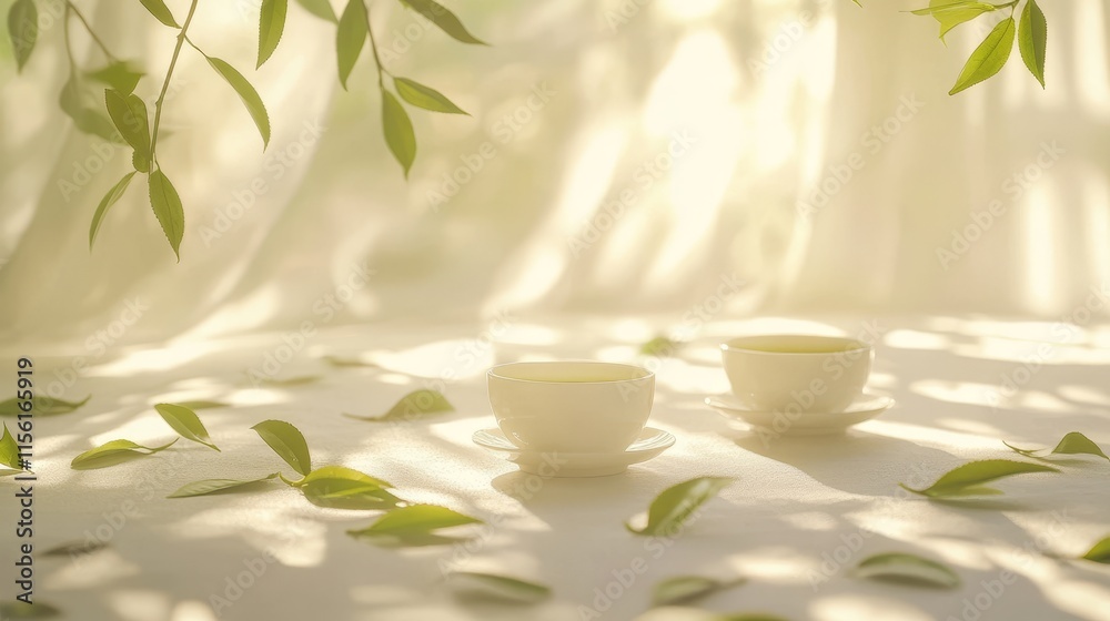 Two teacups on a sunlit surface with scattered leaves and sheer curtain. Two teacups on a sunlit surface with scattered leaves and sheer curtain.