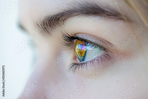 Close up portrait of a woman s eye with multicolor iris on a white background celebrating lgbt pride photo