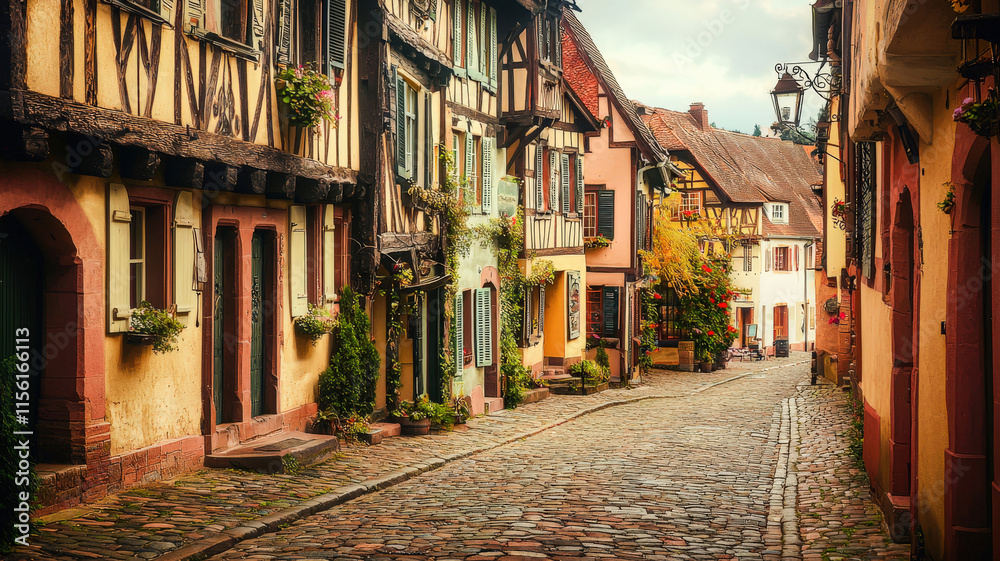 Fototapeta premium A charming European village featuring cobblestone streets, colorful homes, and a bustling central market square, creating a vibrant atmosphere filled with local culture and community life.