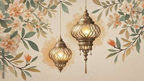 Two ornate hanging lanterns are intricately designed, with a bulbous shape and decorative patterns.