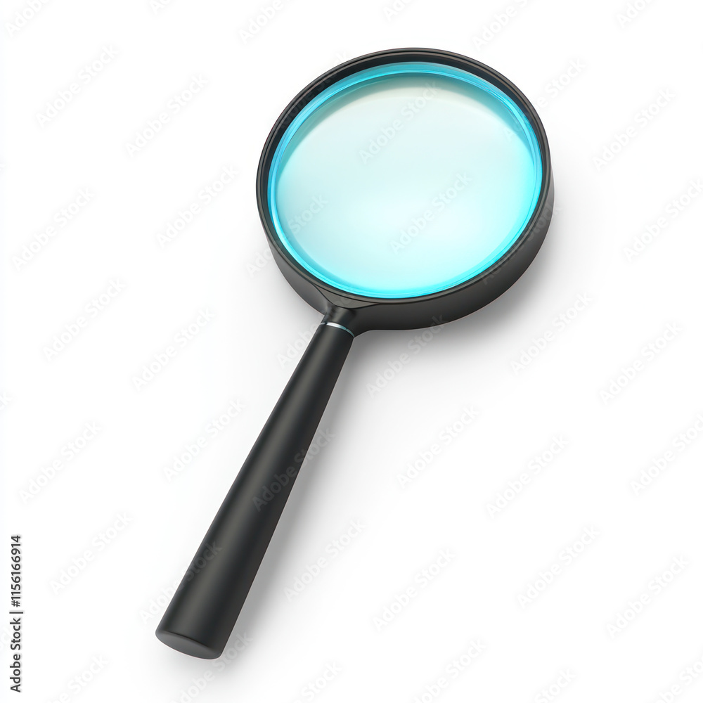 A futuristic dark gray magnifying glass icon with blue lens, symbolizing exploration and discovery A futuristic dark gray magnifying glass icon with blue lens, symbolizing exploration and discovery