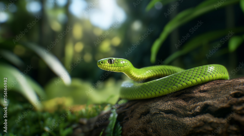 A vibrant green snake resting on a mossy log in a lush tropical forest, surrounded by sunlight filtering through dense foliage and a natural serene environment A vibrant green snake resting on a mossy log in a lush tropical forest, surrounded by sunlight filtering through dense foliage and a natural serene environment