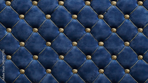 Deep blue velvet upholstery texture with gold buttons and stitching, diamond pattern.
