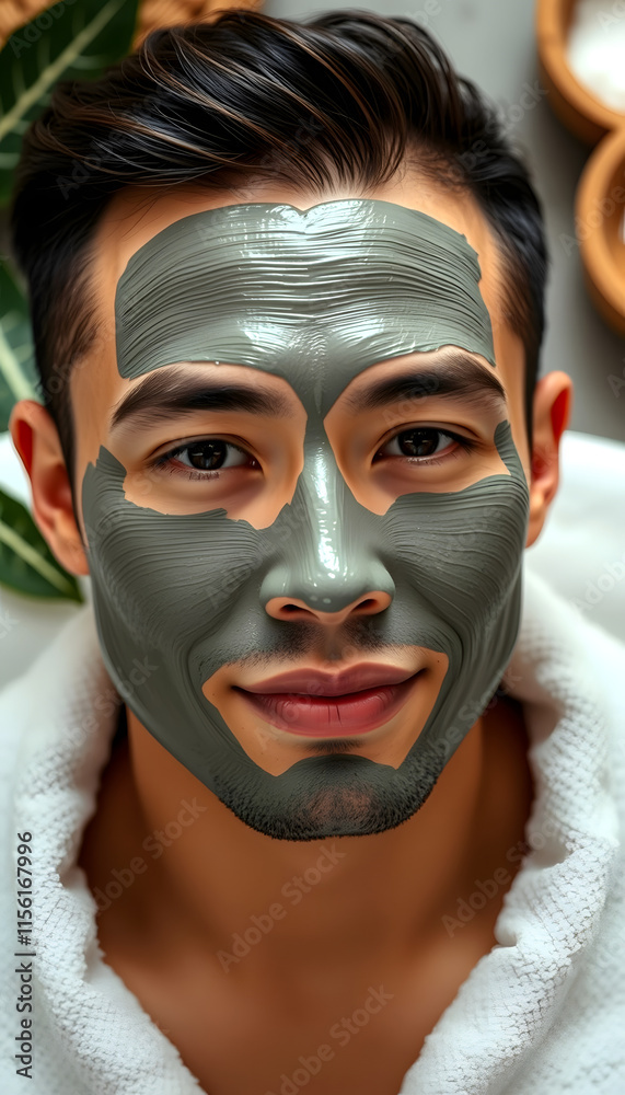 Man with clay facial mask in beauty spa, asian style, with white tones Man with clay facial mask in beauty spa, asian style, with white tones
