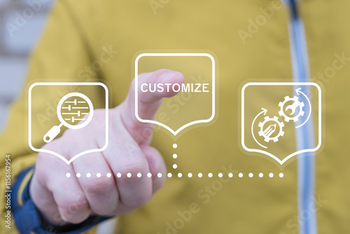 Person working on virtual touch screen presses word: CUSTOMIZE. Customization Business Product Technology Concept. Adjust, customize and align. Personal changes. System regulation.