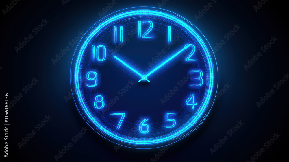 Glowing Silhouette of a Clock with Neon Blue Laser Effects on a Dark Background Glowing Silhouette of a Clock with Neon Blue Laser Effects on a Dark Background