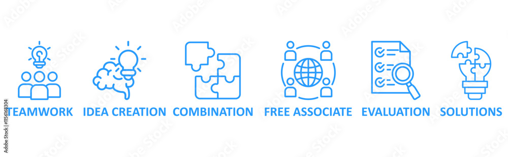 Brainstorming icon set illustration concept with icon of teamwork,idea creation,combination,free associate,evaluation,solutions Brainstorming icon set illustration concept with icon of teamwork,idea creation,combination,free associate,evaluation,solutions