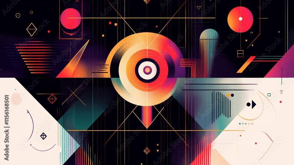 Obraz premium Abstract geometric art with vibrant colors, circles, lines, and shapes.